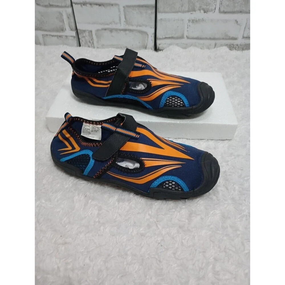 Boys Water Shoes DARK BLUE w/ ORANGE & TURQUOISE DESIGN River Beach Swim L 2-3